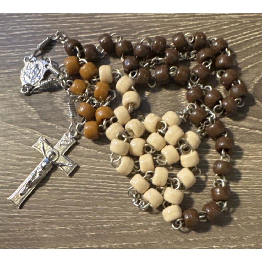 Wood Bead Christian Rosary with Silver-Tone Crucifix and Center Medal